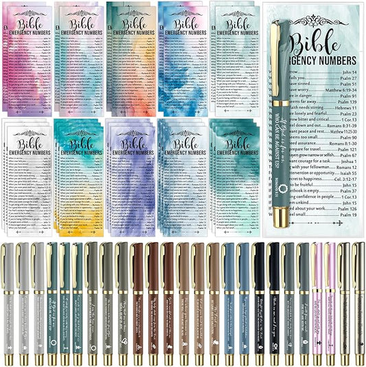 25 Sets Christian Church Gifts,Bible Emergency Numbers Bookmarks and Bible Verse Neutral Gel Pens Bulk Religious Pens Bookmarks for Church Gifts Student Pastor Sunday School Favors