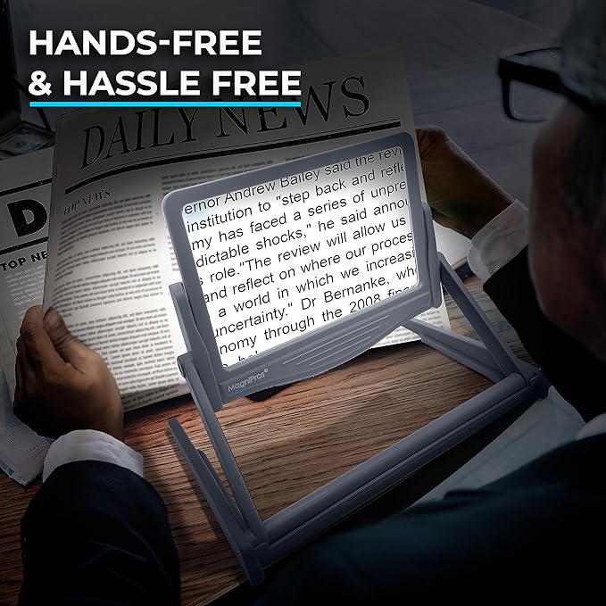 MAGNIPROS 5X [Rechargeable] LED Page Magnifier | 3 Stepless Color Light Modes | Foldable & Detachable HandsFree Stand for Easy Reading Fine Print & Crafting | Perfect for Low Vision, Seniors, Hobbyist