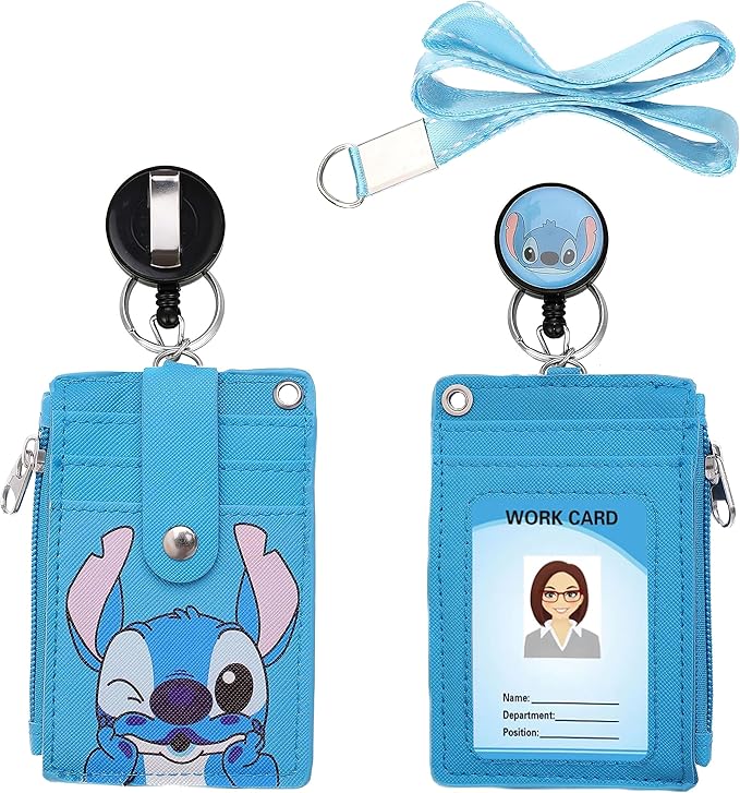 Cute ID Badge Holder Retractable Lanyard Reel Clip with Heavy Duty Carabiner, 5 Card Slots in 2 Sided with Key Ring and Zipper for Women Students Teens Girls Office Staff