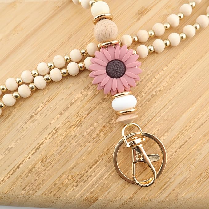 Wooden Teacher Lanyards for Id Badge Cute Flower Wood and Gold Beaded Lanyards for Women for Nurse Badge