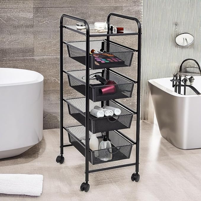 3-Drawer Storage Cart with Wheels, Multi-Purpose, Black, Steel