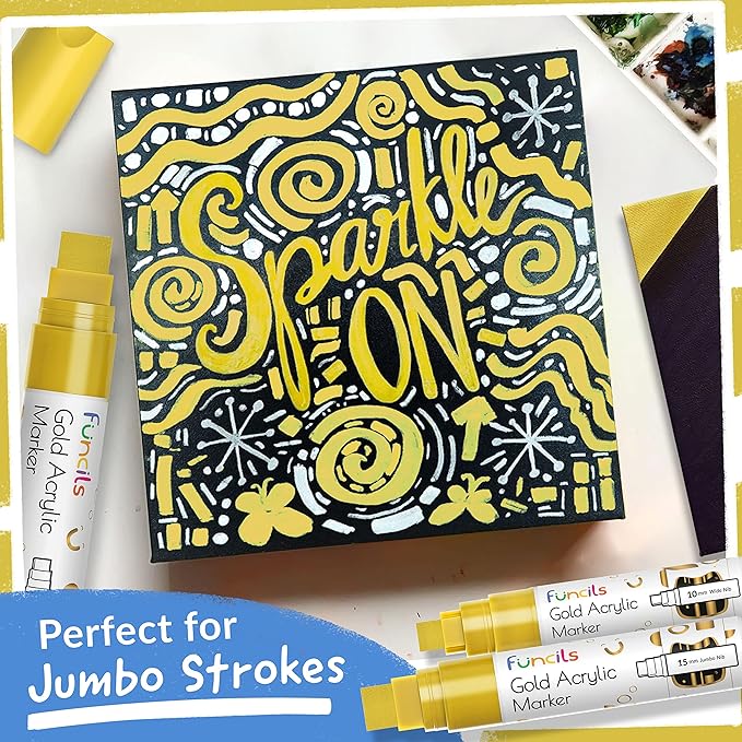 5 Acrylic Gold Paint Pen Metallic - Gold Marker Metallic Paint for Wood, Fabric, Canvas, Leaf, Tire, Metal, Glass - Permanent Pen Fine Tip, Thin Point & Jumbo (1mm, 3mm, 6mm, 10mm, 15mm)