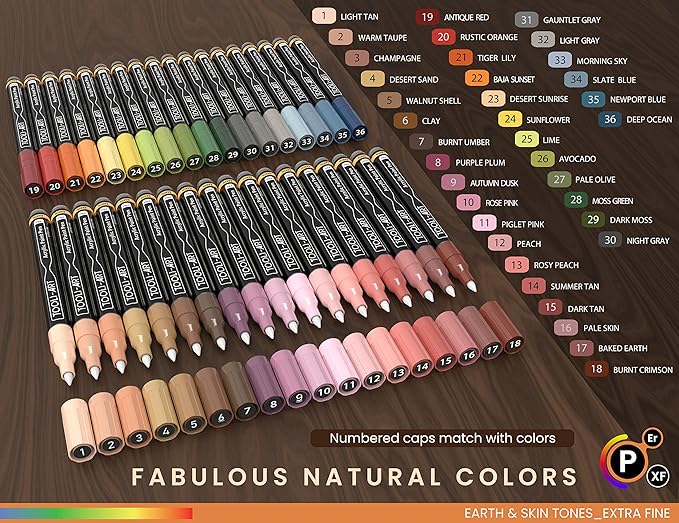 36 Acrylic Paint Pens Skin and Natural Earth Tone Marker Set For Rock Painting, Canvas, Mugs, Glass, Plastic, Wood, Metal, Fabric, Scrapbooking, Most Surfaces. Quick Drying Waterbased (EXTRA FINE)