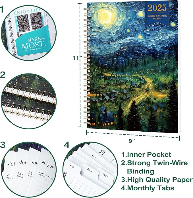 2025 Planner - Planner 2025, Jan 2025 - Dec 2025, 2025 Planner Weekly and Monthly, 8.5" x 11" 2025 Calendar Monthly Planner with Tabs& Pocket, Flexible Cover, Twin-Wire Binding- Oil Painting