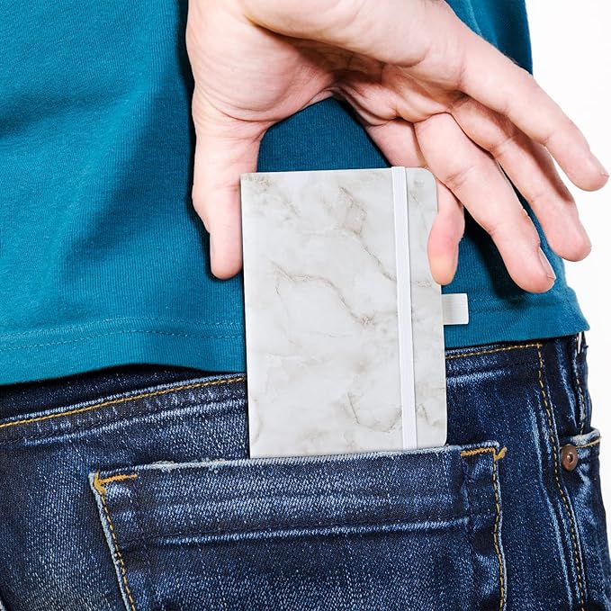 2Pack Pocket Notebook Small Notebook Journal Notebook 4 inches x 5.7 inches 200 Pages Leather Cover With Pen Holder Page Marker Ribbons (Marble)