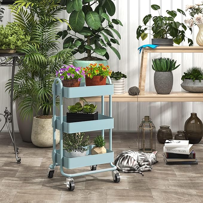 3-Tier Rolling Cart with Wheels,Kitchen Storage Carts or Metal Rolling Utility Cart with Handle,Movable Storage Organizer,Blue Carts for Nursery, Kitchen, Bathroom, Craft Room（13.4"x18.1"x31"）