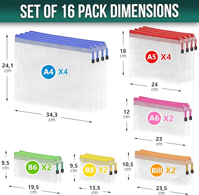 16 Pack Assorted Sizes Plastic Mesh Zipper Pouches for Storage & Organize Board Games - Puzzles - Documents - Bills - School and Office Supplies - Travel - Makeup - Multisize Mesh Zipper Pouch