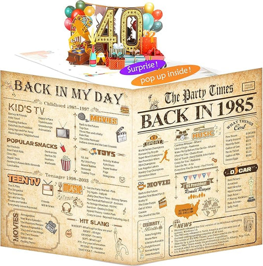 40th Birthday Card for Men Women, 3D Pop Up 40th Birthday Gifts Cards for Him Her, Back In 1985 Funny 40 Year Old Birthday Decorations, Classy Vintage