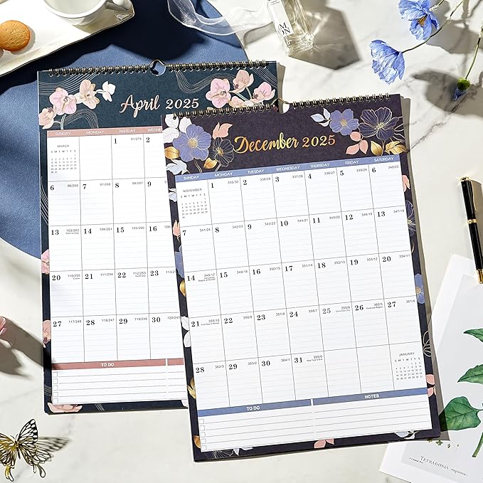 2025 Calendar - 2025 Wall Calendar, January 2025 - December 2025, 17'' x 12'', 12 Monthly Wall Calendar 2025 with Julian Dates - Engraved Floral