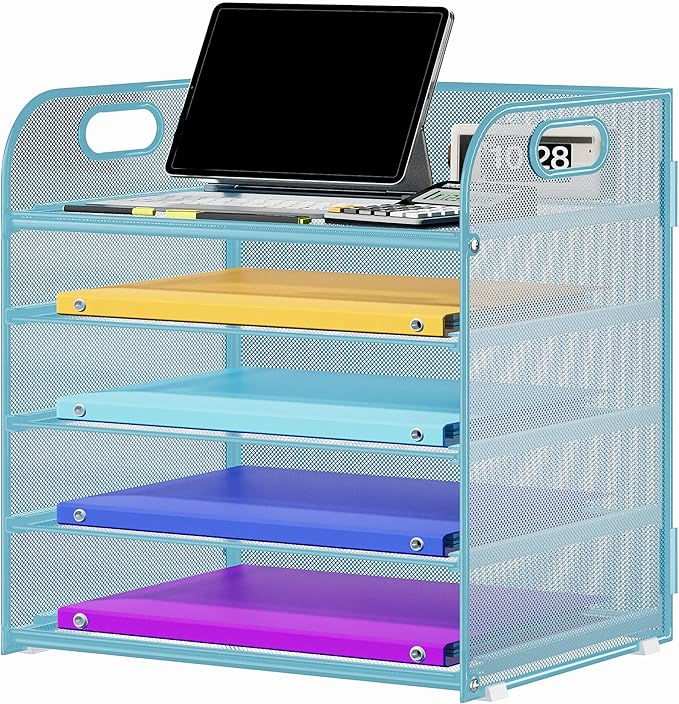 5 Tier Paper Organizer with Handle, Metal Mesh Desk Organizer File Folder Organizer Paper Letter Tray Desktop Document Sorter for Classroom, School, Office Organization and Storage - Blue