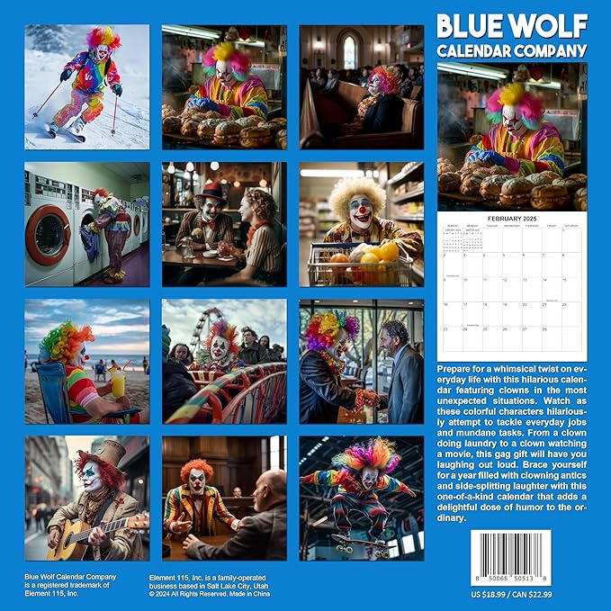 2025 Clowns in the Wild Creepy Clowns Doing Every Day Things Monthly Wall Calendar | 12" x 24" | Gag Gift Funny Calendar 2025