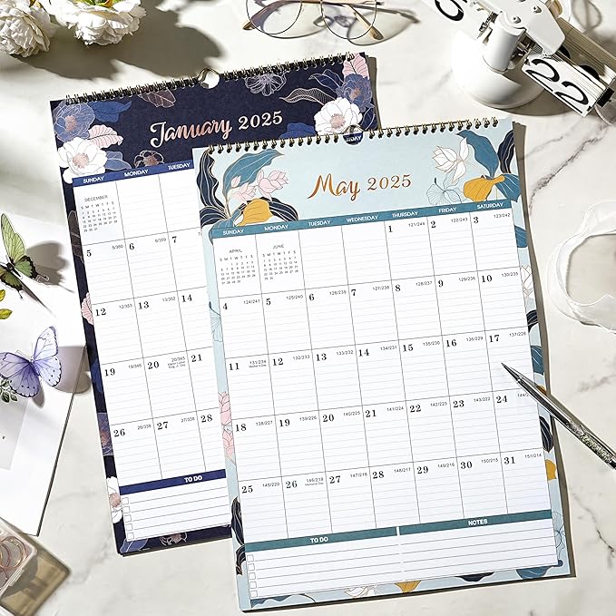 2025 Calendar - 2025 Wall Calendar, January 2025 - December 2025, 17'' x 12'', 12 Monthly Wall Calendar 2025 with Julian Dates - Engraved Floral