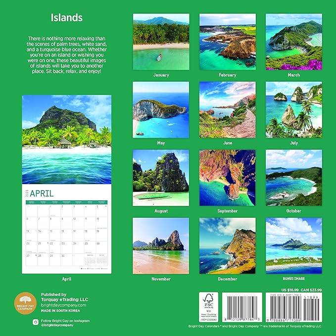 2025 Islands Monthly Wall Calendar by Bright Day, Includes Over 300 Stickers, 12 x 12 Inch