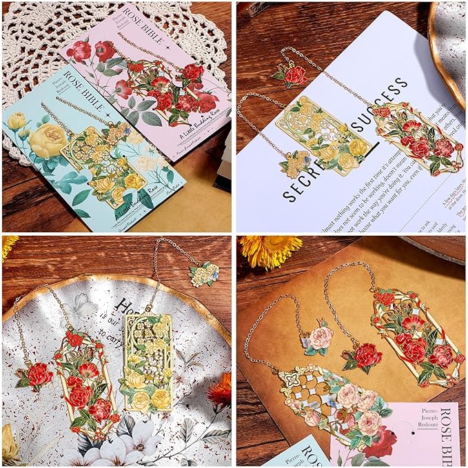 2 Pcs Metal Rose Bookmarks, Beautiful Book Marks for Reading Women Vintage Bookmarks with Metal Chain Pretty Bookmark Gift for Book Lovers Readers Birthday Christmas Gifts(Red, Yellow Roses)