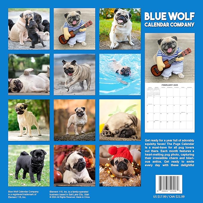2025 Pugs Monthly Wall Calendar | 12" x 24" | Thick Sturdy Paper | Dog Calendar 2024-2025 (Pugs)