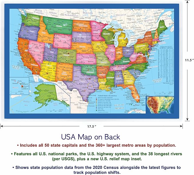 2-Sided Desk Map with Durable Lamination (2 Pack: US/Europe Centered World; Children's US/Europe Centered World Map)