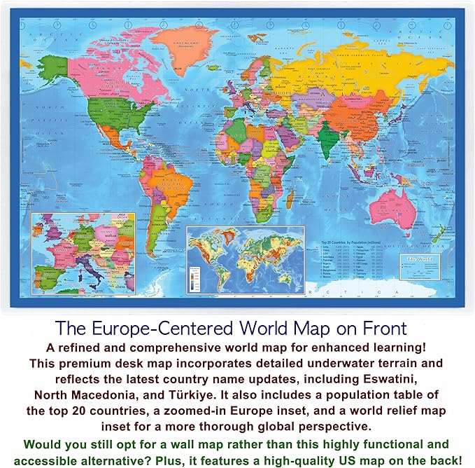 2-Sided Desk Map with Durable Lamination (1 Pack: US/Europe Centered World)