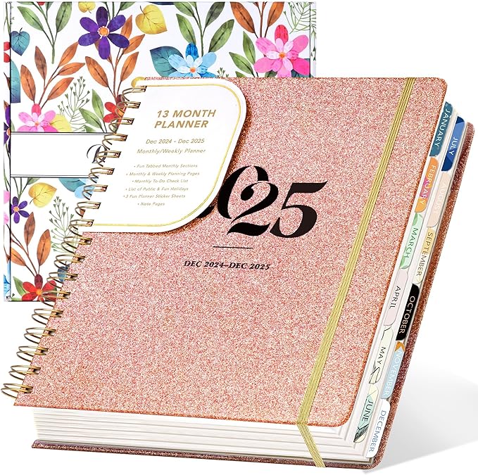 2025 Hardcover Planner Weekly and Monthly, Dec 2024–Dec 2025, Large Spiral Bound Planners 2025 for Women Gifts, 8.3" x 9.3",13 Month Calendar with 13 Tabs, 3 Sticker Sheets, Pink