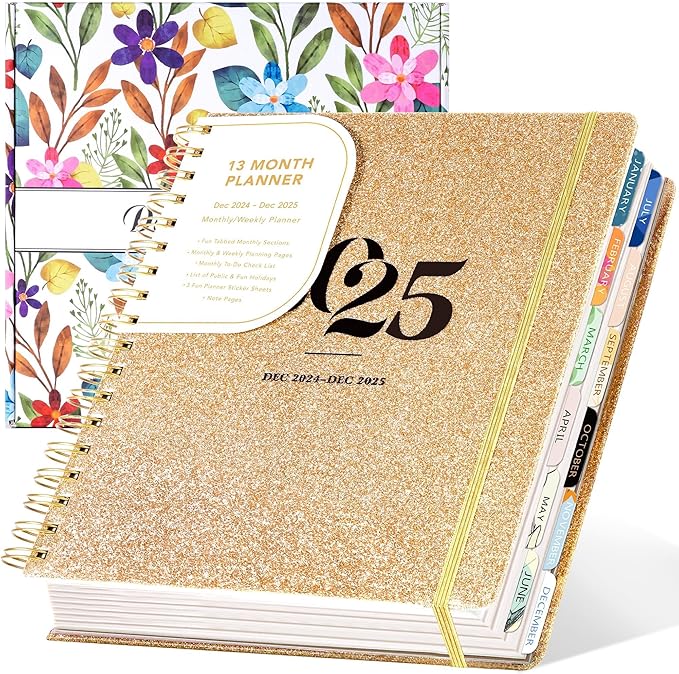 2025 Hardcover Planner Weekly and Monthly, Dec 2024–Dec 2025, Large Spiral Bound Planners 2025 for Women Gifts, 8.3" x 9.3",13 Month Calendar with 13 Tabs, 3 Sticker Sheets, Gold