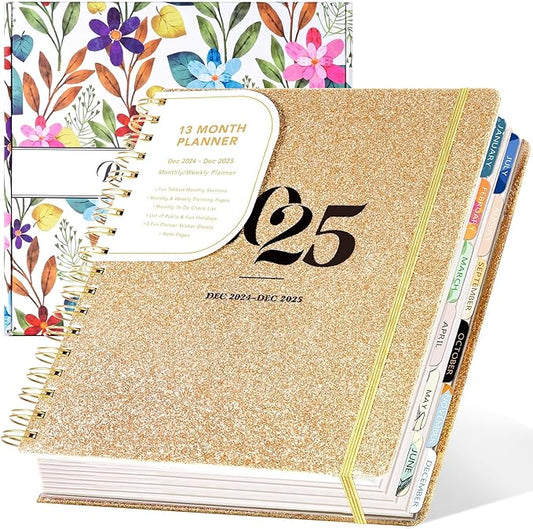 2025 Hardcover Planner Weekly and Monthly, Dec 2024–Dec 2025, Large Spiral Bound Planners 2025 for Women Gifts, 8.3" x 9.3",13 Month Calendar with 13 Tabs, 3 Sticker Sheets, Gold