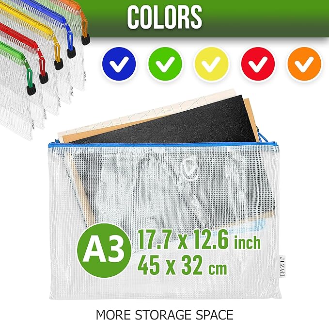 5 Pack Mesh Zipper Pouch Bags A3 - Plastic Zipper Pouches for Organizing 17.7x12.6 inch - Game Storage Bags - Puzzle Organizer Bags - Large Zipper Pouch Bag - Mesh Pouch with Zipper - Puzzle Bags