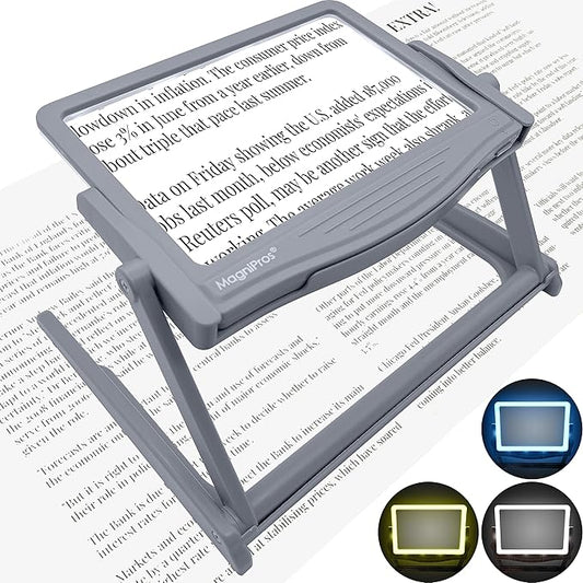 MAGNIPROS Patented 5X Large LED Page Magnifying Glass with Collapsible & Detachable Stand | 3 Color Modes & Anti-Glare Lens to Reduce Eye Strain- Ideal for Reading Fine Print, Crafting, Low Vision