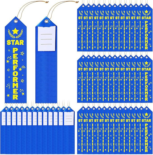 50 Pcs Star Performer Award Ribbons 8 x 2 Inches Blue Performer Ribbons with Cards and Strings Performance Prizes Bookmark Style Awards for Stage Competitions Class Activities