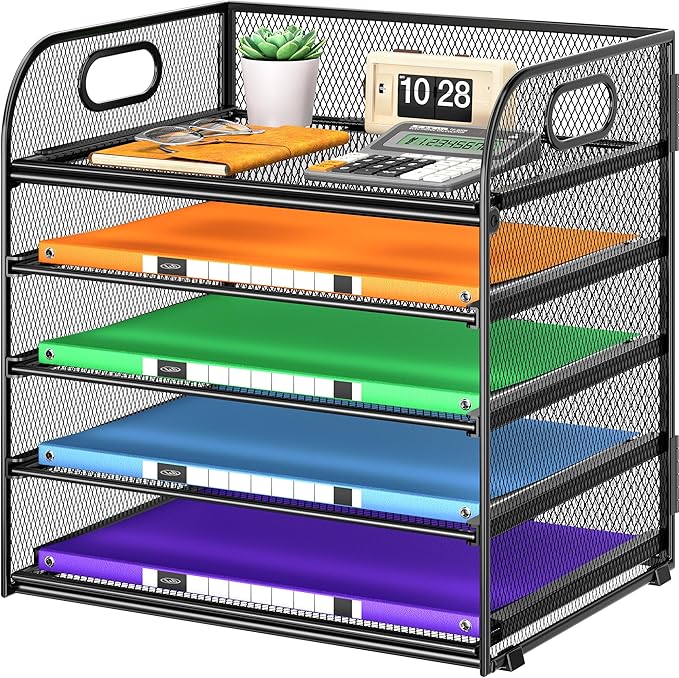 5 Tier Paper Organizer with Handle, Metal Mesh Desk Organizer File Folder Organizer Paper Letter Tray Desktop Document Sorter for Classroom, School, Office Organization and Storage - Black