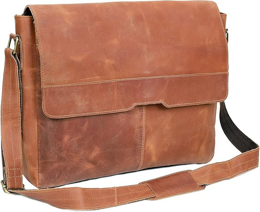 18 inch Vintage Leather Full Flap Messenger Handmade Bag Laptop Bag Satchel Bag Padded Messenger Bag Brown (messenger brown)