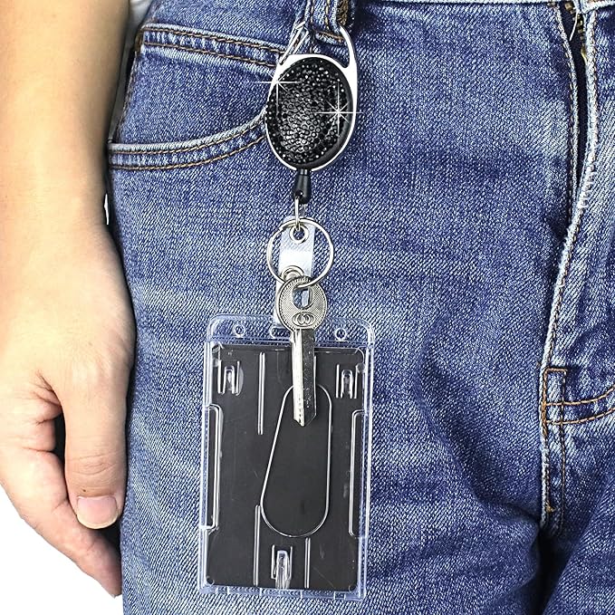 VIQWYIC 2 Pack Retractable ID Badge Holder with Clip, Bling Badge Reels with Clear Card Holders for Office Worker Teacher Doctor Nurse (Black)