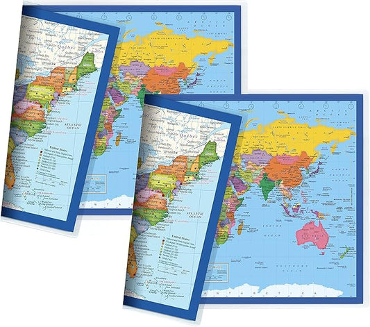 2-Sided Desk Map with Durable Lamination (2 Pack: US/Europe Centered World Map)