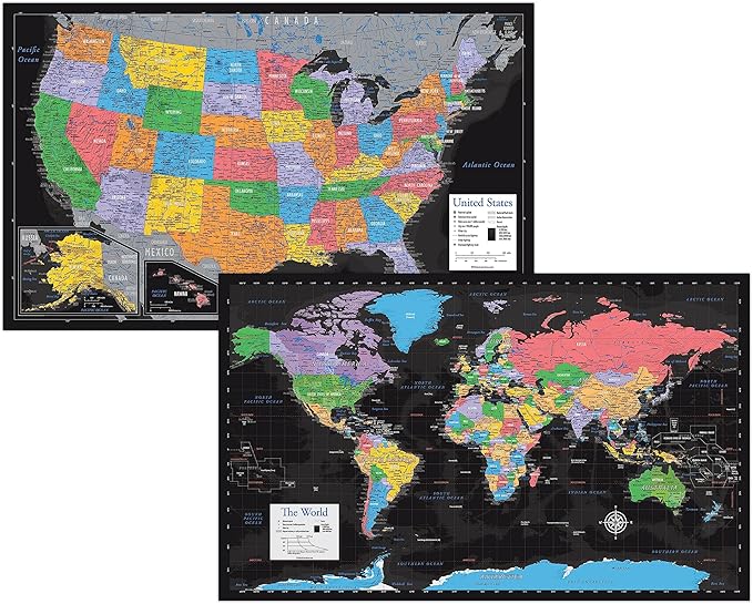 2 Pack - Laminated World & US Map Poster Set - Wall Chart Map of the World & United States - Made in the USA [Black]