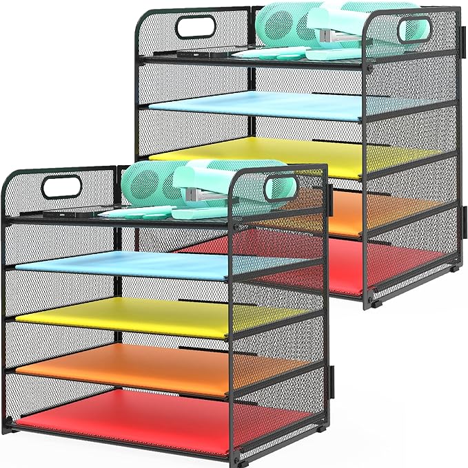 2 Pack Letter Tray Paper Organizer 5-Tier Desk Organizer File Organizer Paper Holder with Handle, Metal Desktop Document Shelf Tray Office Classroom Organization - Black